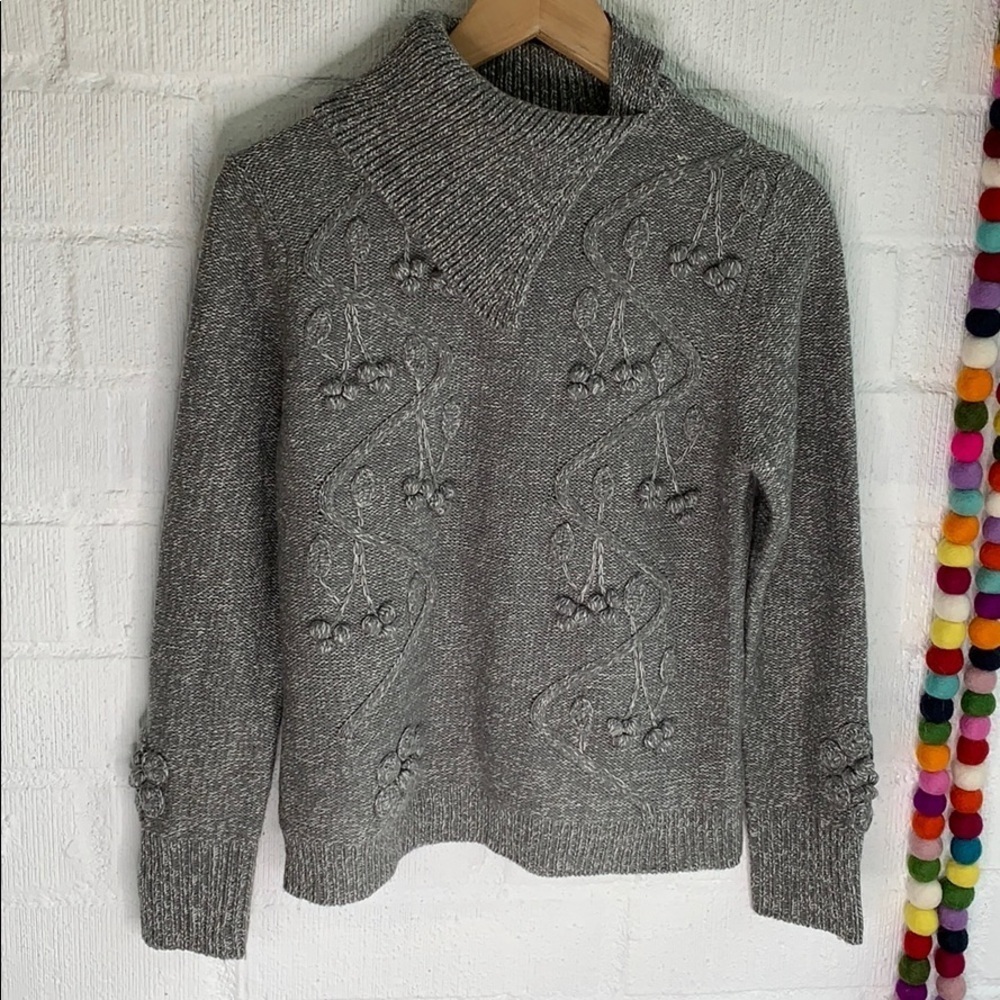 Sarah Bentley Vintage Cherry Embroidered Cowl Neck Long Sleeve Sweater sz S